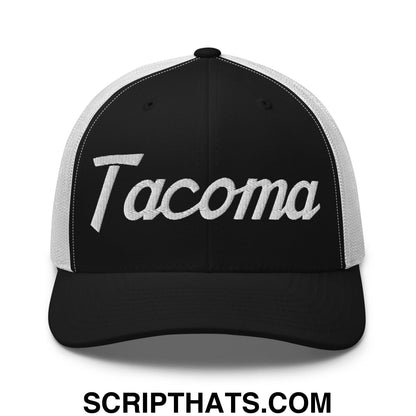 Tacoma Vintage Sports Script Embroidered Mesh Trucker Hat Black White