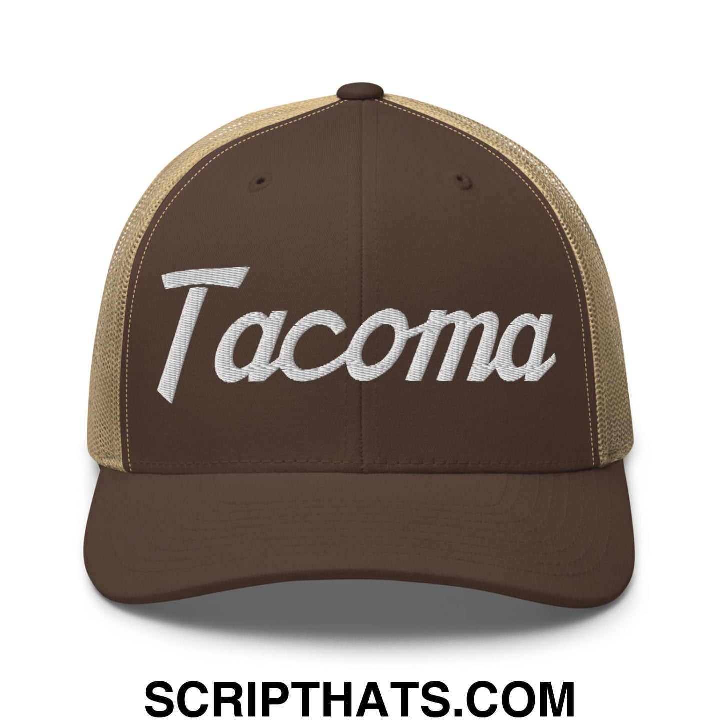 Tacoma Vintage Sports Script Embroidered Mesh Trucker Hat Brown Khaki
