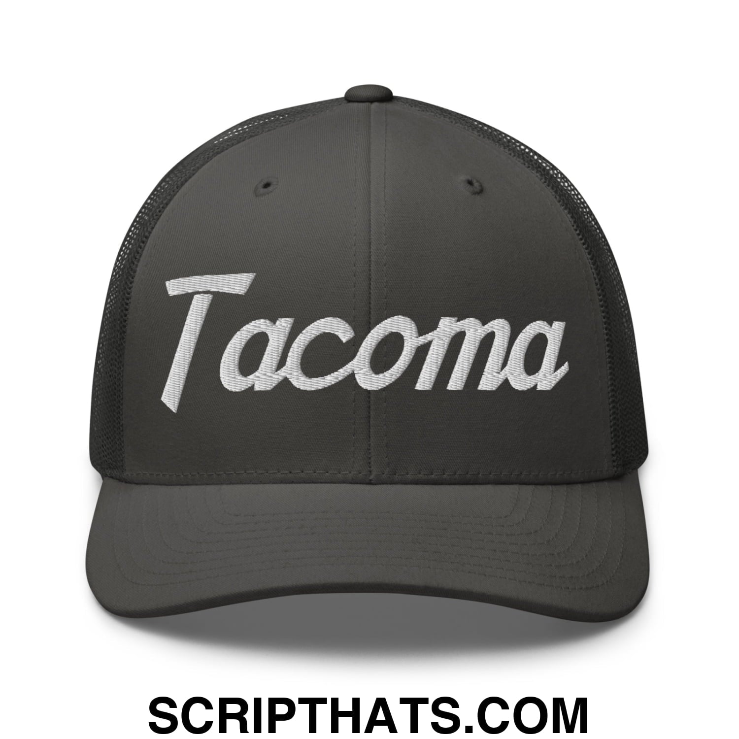 Tacoma Vintage Sports Script Embroidered Mesh Trucker Hat Charcoal