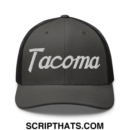 Tacoma Vintage Sports Script Embroidered Mesh Trucker Hat Charcoal Black