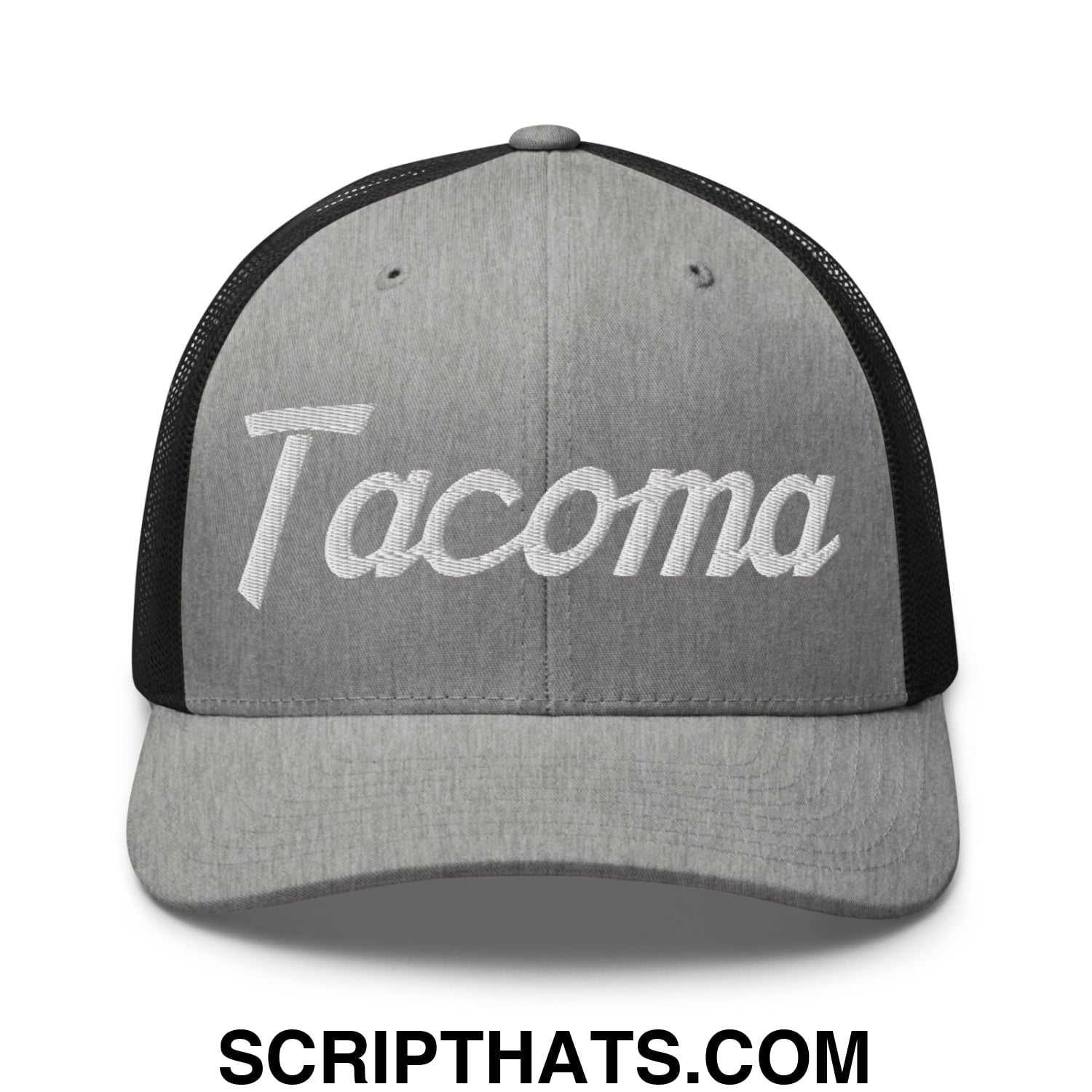 Tacoma Vintage Sports Script Embroidered Mesh Trucker Hat Heather Black