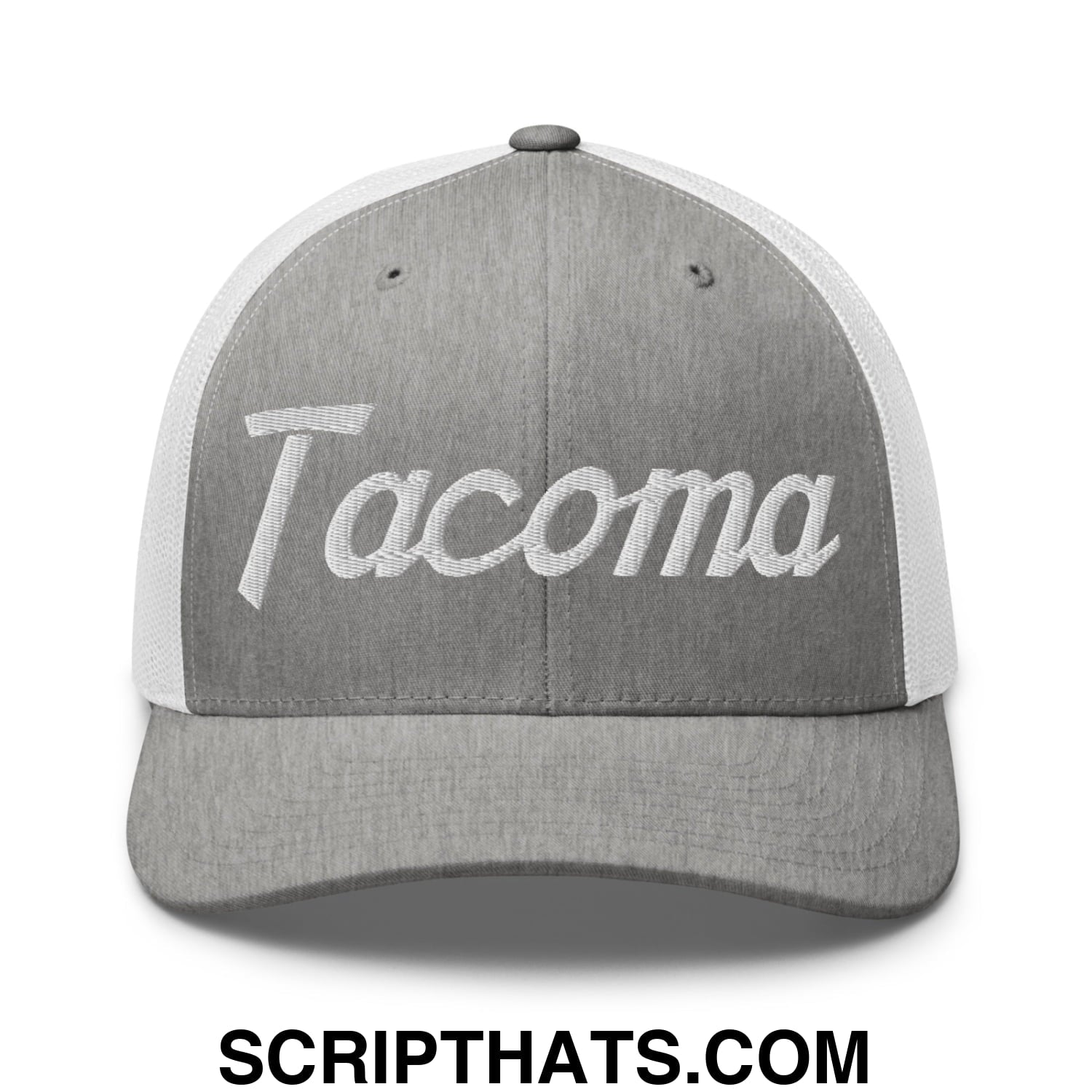 Tacoma Vintage Sports Script Embroidered Mesh Trucker Hat Heather Grey White