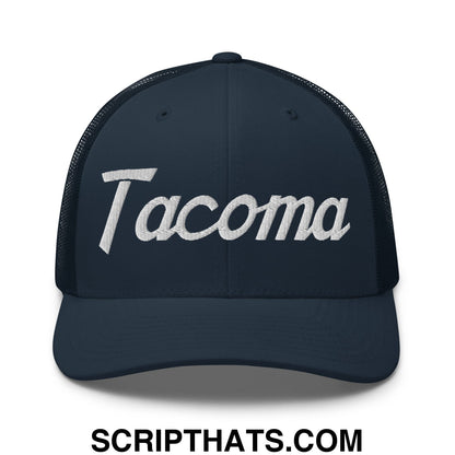 Tacoma Vintage Sports Script Embroidered Mesh Trucker Hat Navy