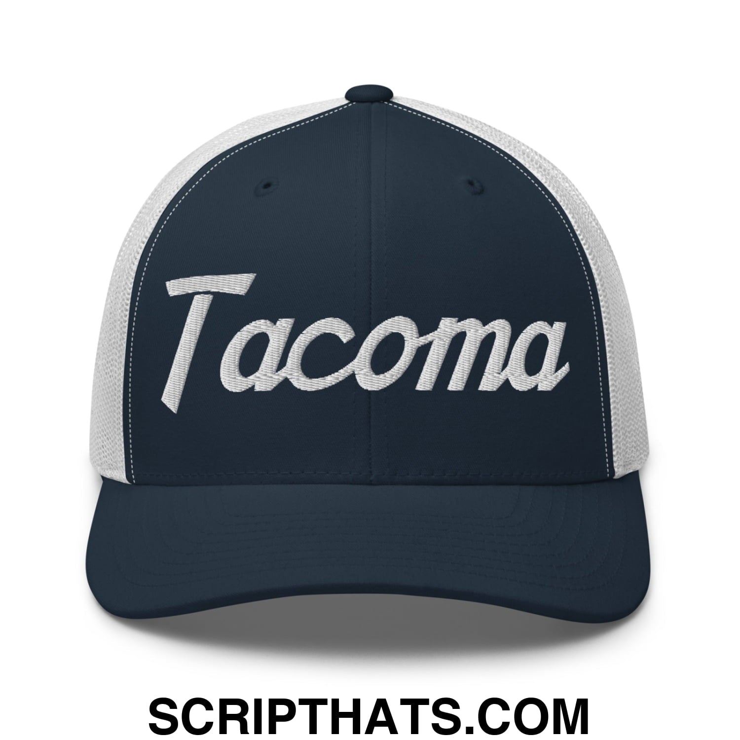 Tacoma Vintage Sports Script Embroidered Mesh Trucker Hat Navy White