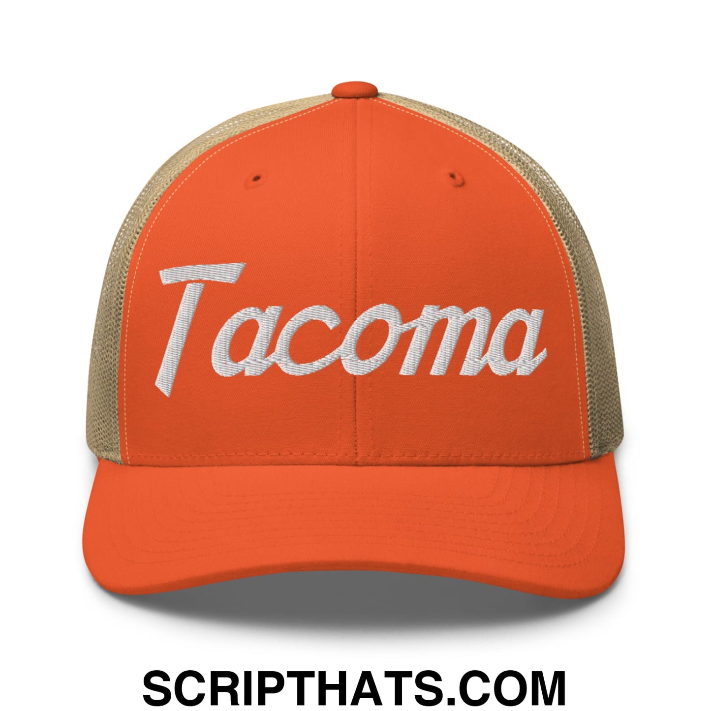 Tacoma Vintage Sports Script Embroidered Mesh Trucker Hat Rustic Orange Khaki