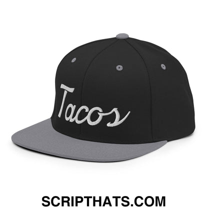 Tacos Classic Sports Script Embroidered Flat Bill Brim Snapback Hat Black Silver