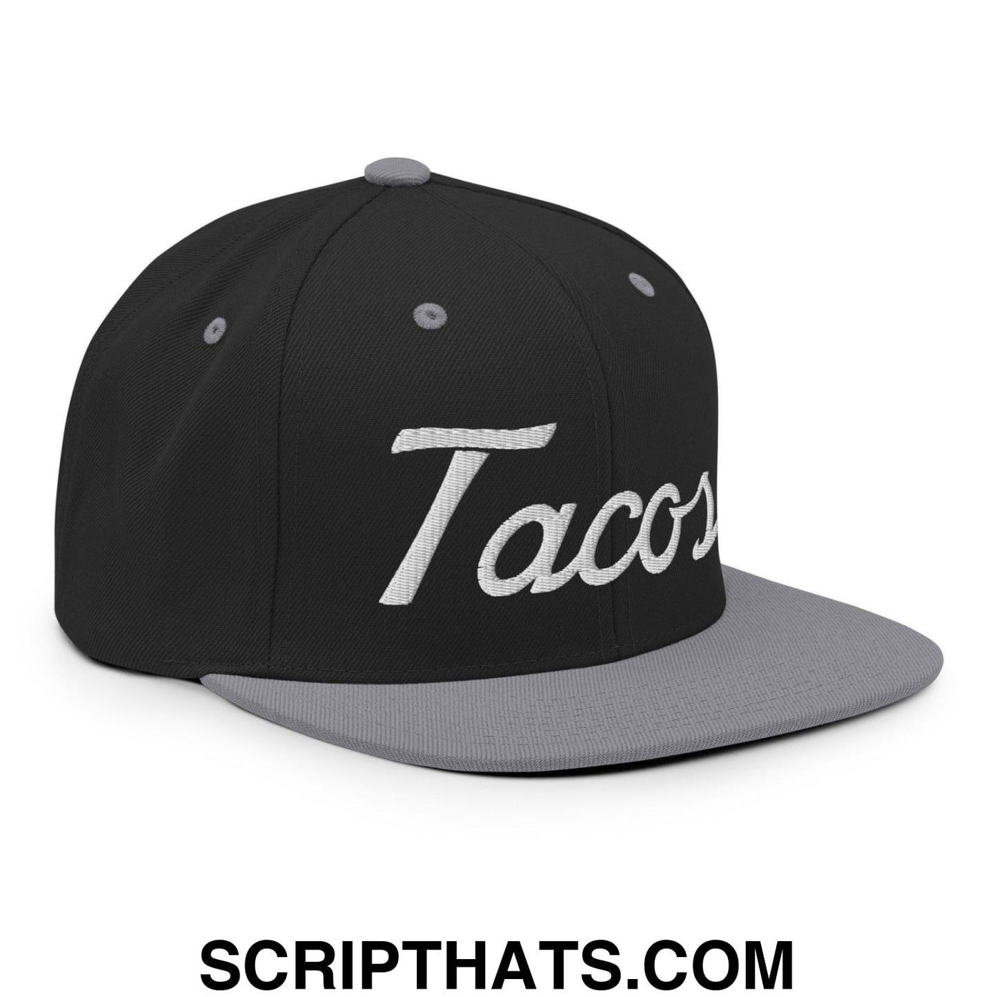 Tacos Classic Sports Script Embroidered Flat Bill Brim Snapback Hat Black Silver