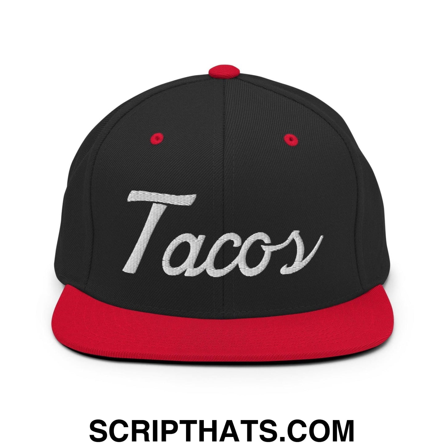 Tacos Classic Sports Script Embroidered Flat Bill Brim Snapback Hat Black Red