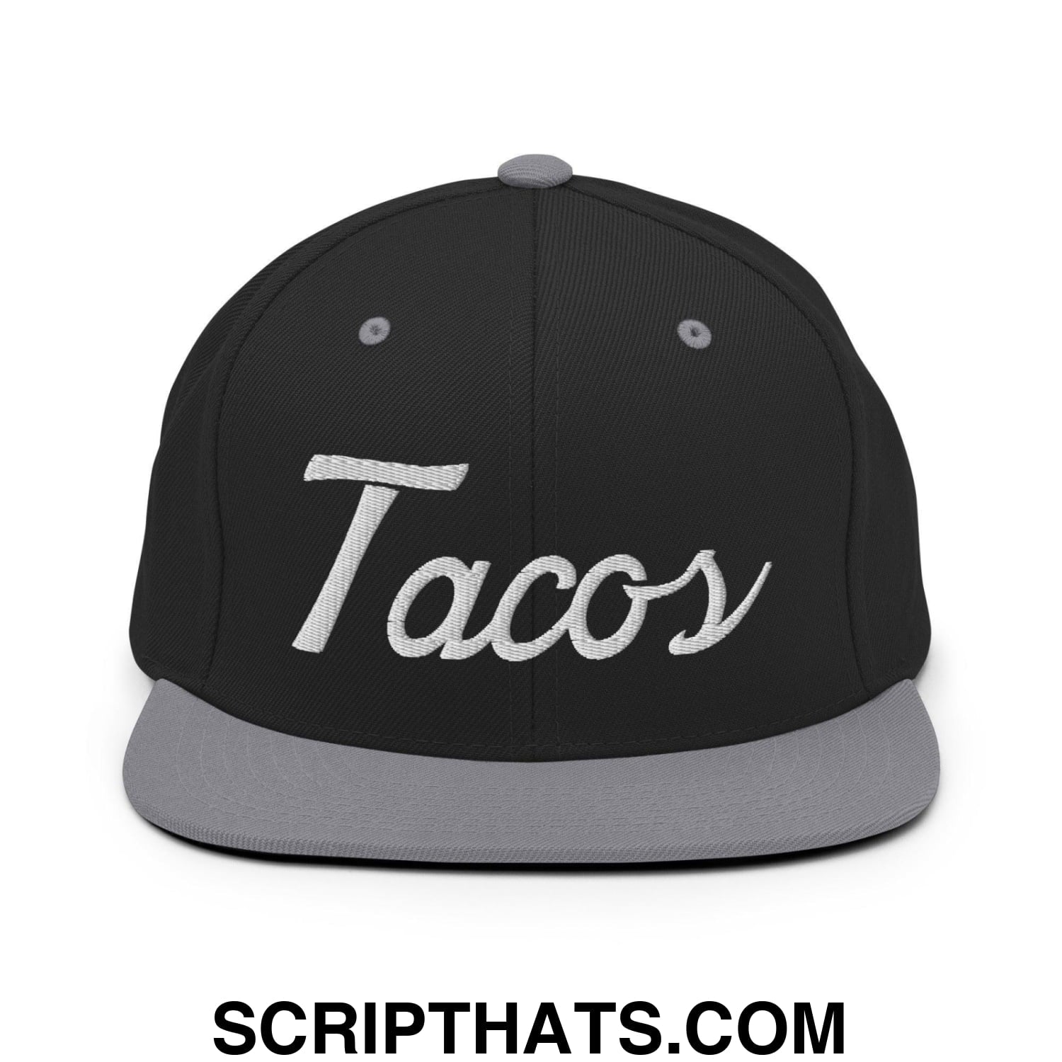 Tacos Classic Sports Script Embroidered Flat Bill Brim Snapback Hat Black Silver