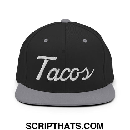 Tacos Classic Sports Script Embroidered Flat Bill Brim Snapback Hat Black Silver