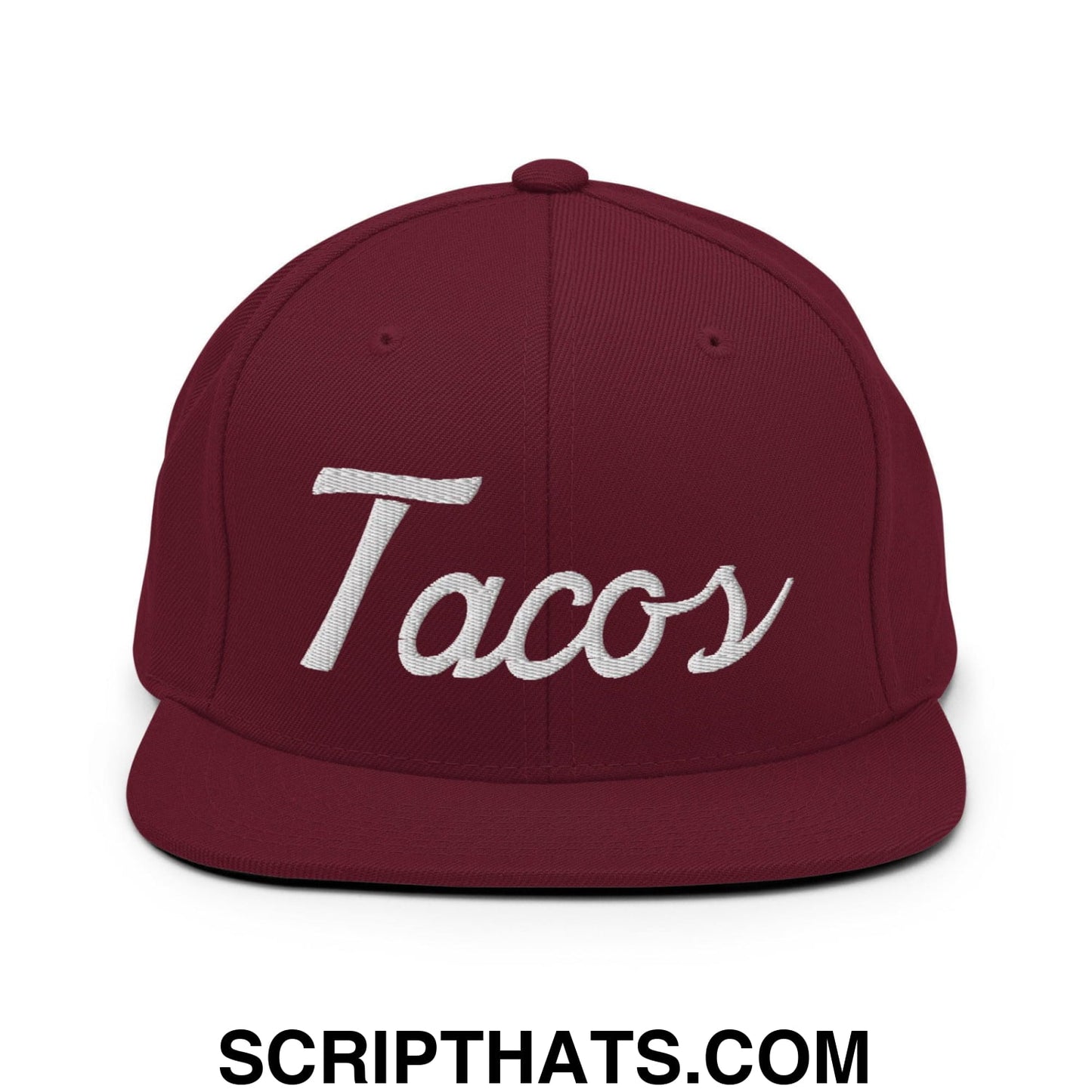 Tacos Classic Sports Script Embroidered Flat Bill Brim Snapback Hat Maroon