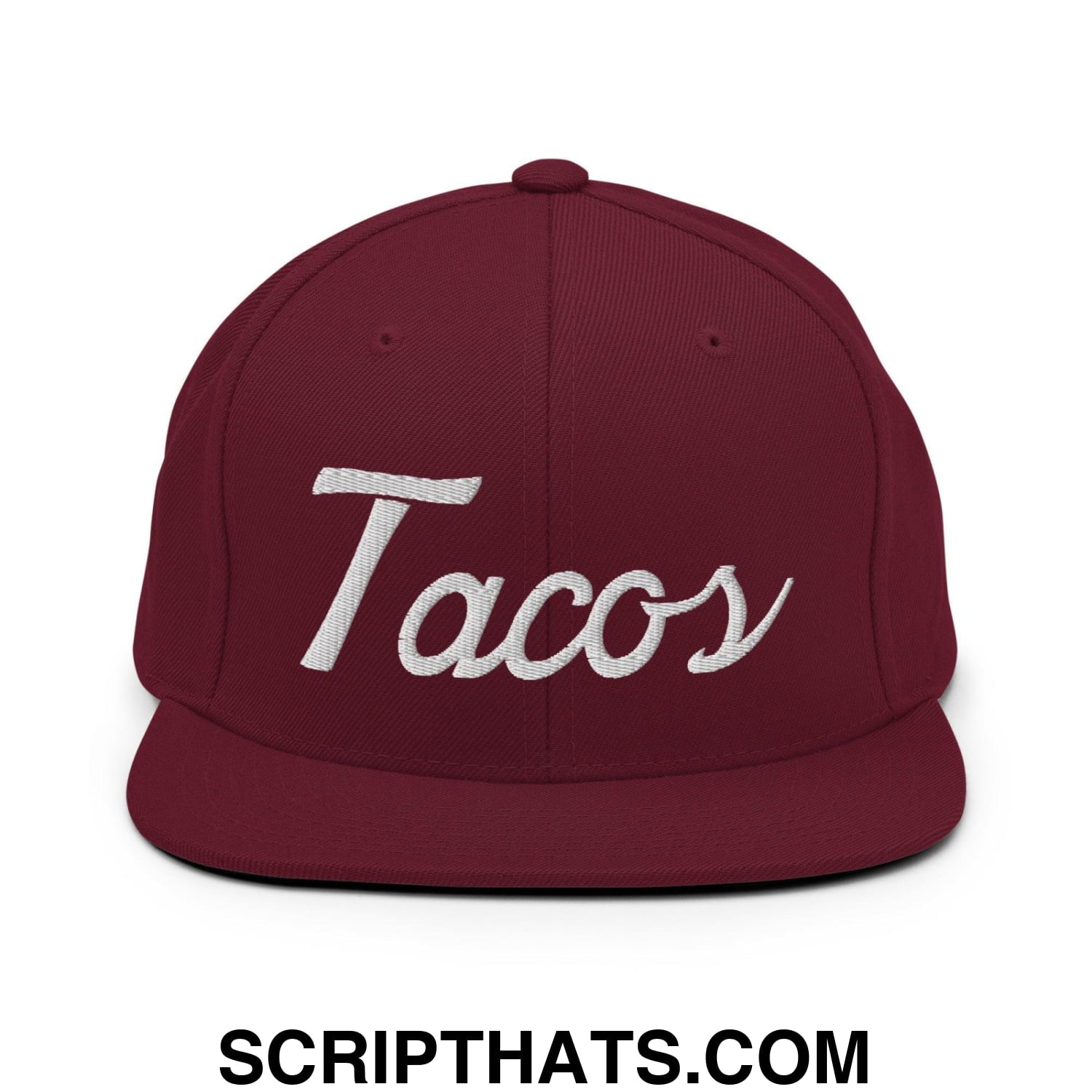 Tacos Classic Sports Script Embroidered Flat Bill Brim Snapback Hat Maroon