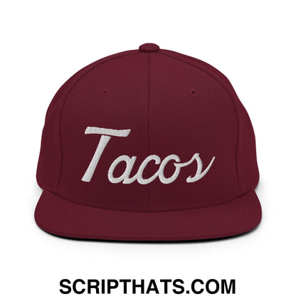 Tacos Classic Sports Script Embroidered Flat Bill Brim Snapback Hat Maroon