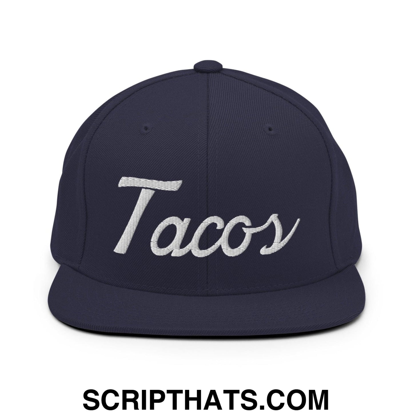 Tacos Classic Sports Script Embroidered Flat Bill Brim Snapback Hat Navy