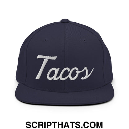 Tacos Classic Sports Script Embroidered Flat Bill Brim Snapback Hat Navy