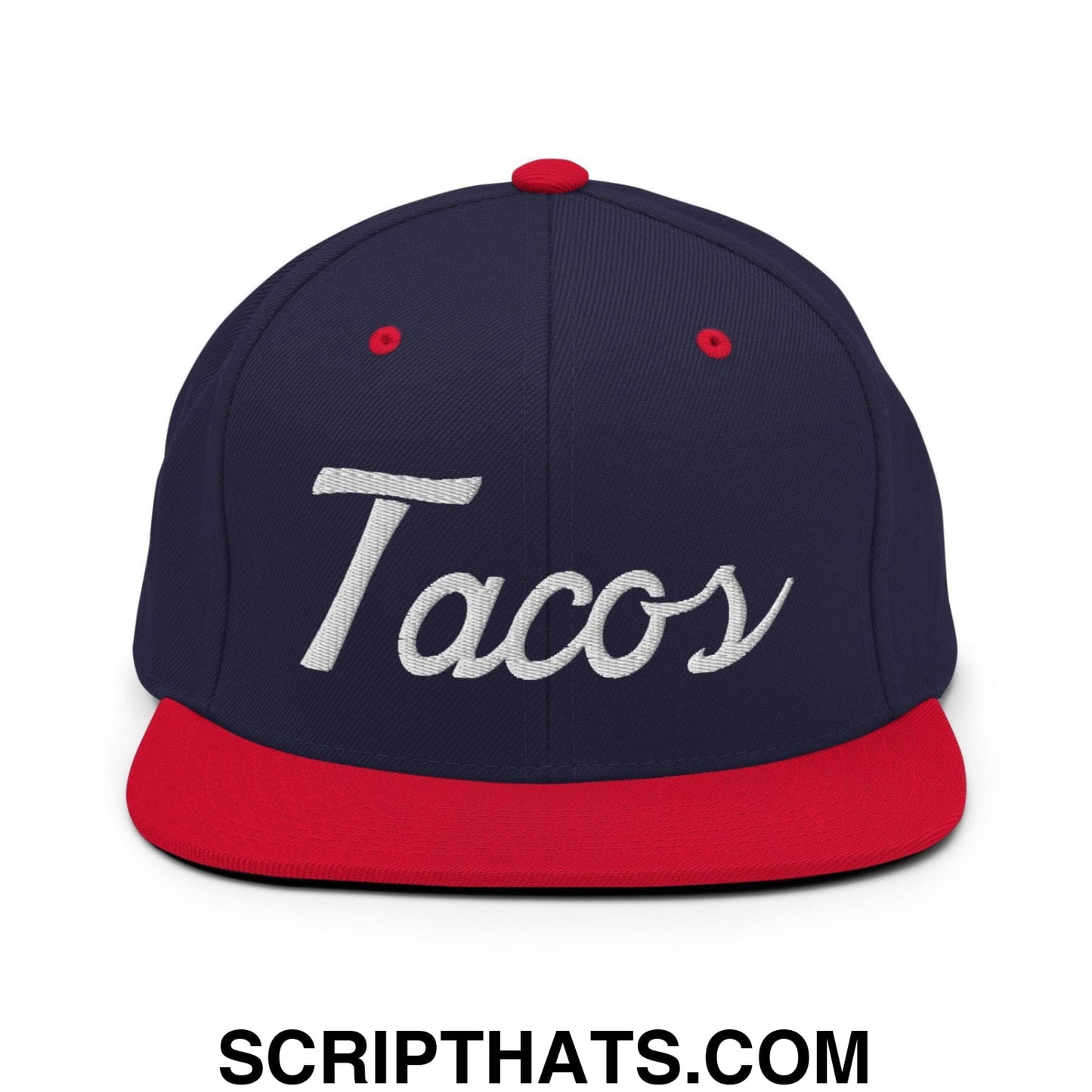 Tacos Classic Sports Script Embroidered Flat Bill Brim Snapback Hat Navy Red
