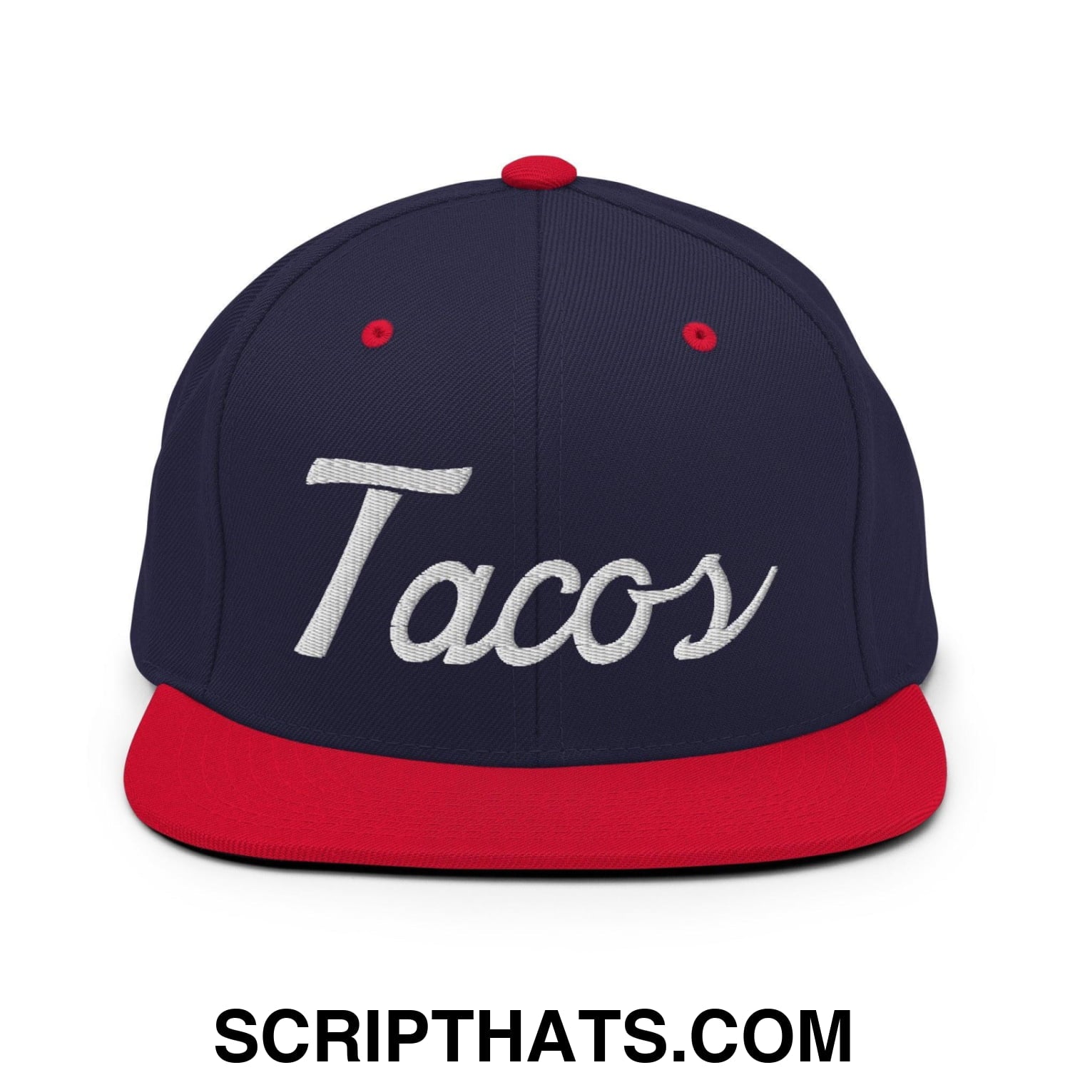 Tacos Classic Sports Script Embroidered Flat Bill Brim Snapback Hat Navy Red