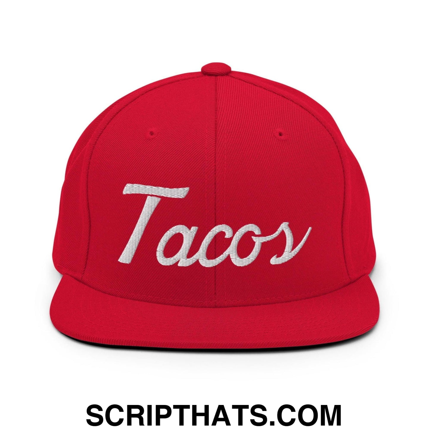 Tacos Classic Sports Script Embroidered Flat Bill Brim Snapback Hat Red
