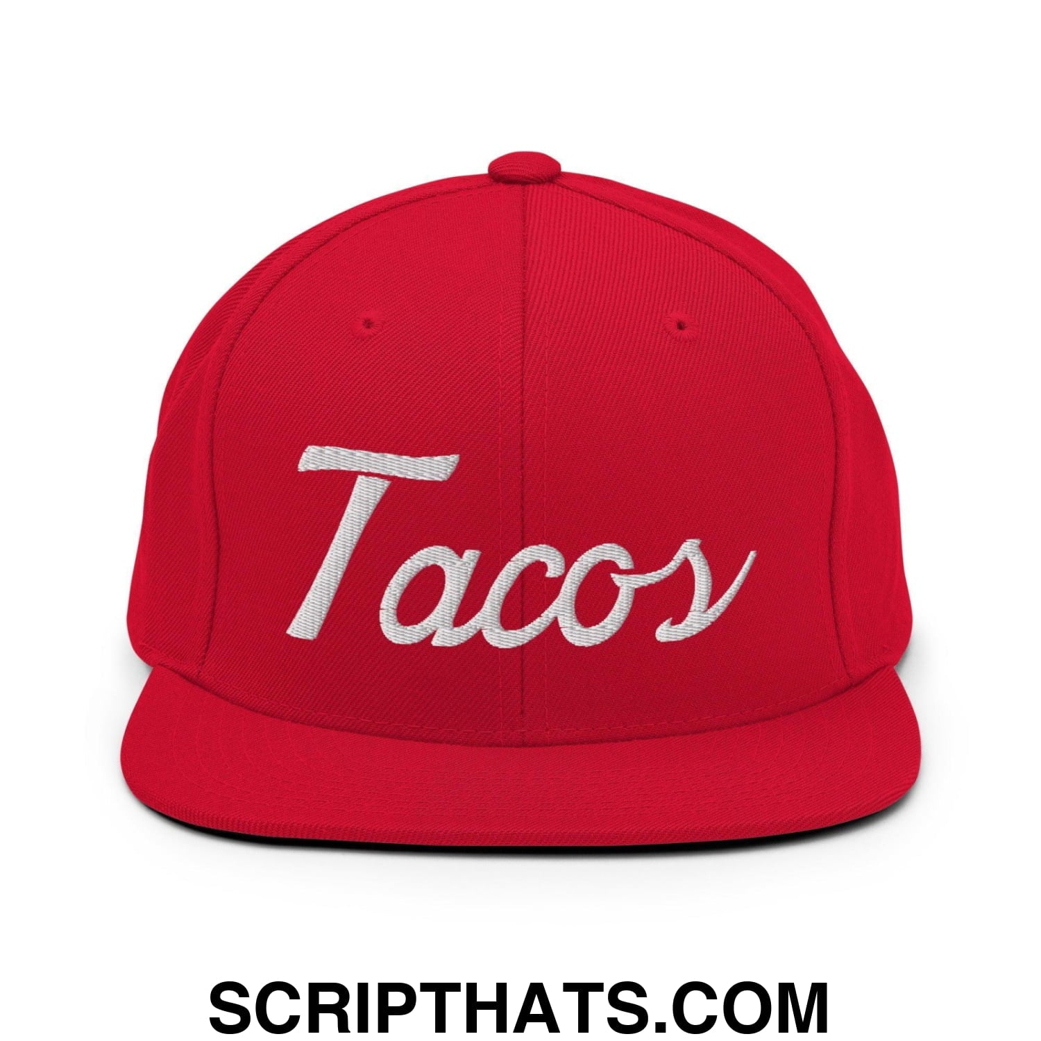 Tacos Classic Sports Script Embroidered Flat Bill Brim Snapback Hat Red