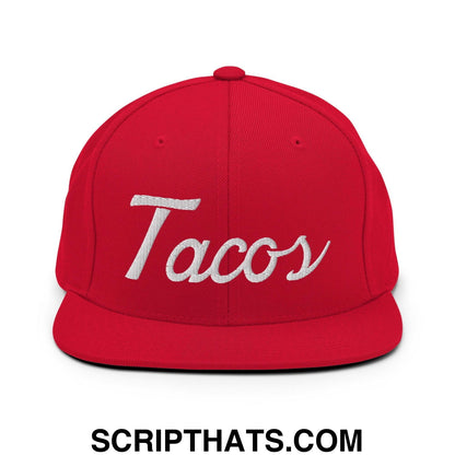 Tacos Classic Sports Script Embroidered Flat Bill Brim Snapback Hat Red