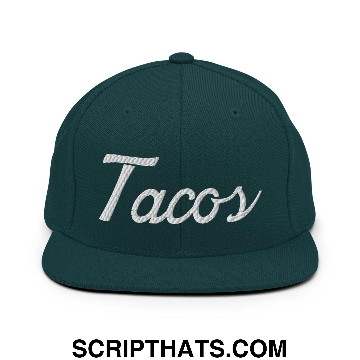 Tacos Classic Sports Script Embroidered Flat Bill Brim Snapback Hat Spruce