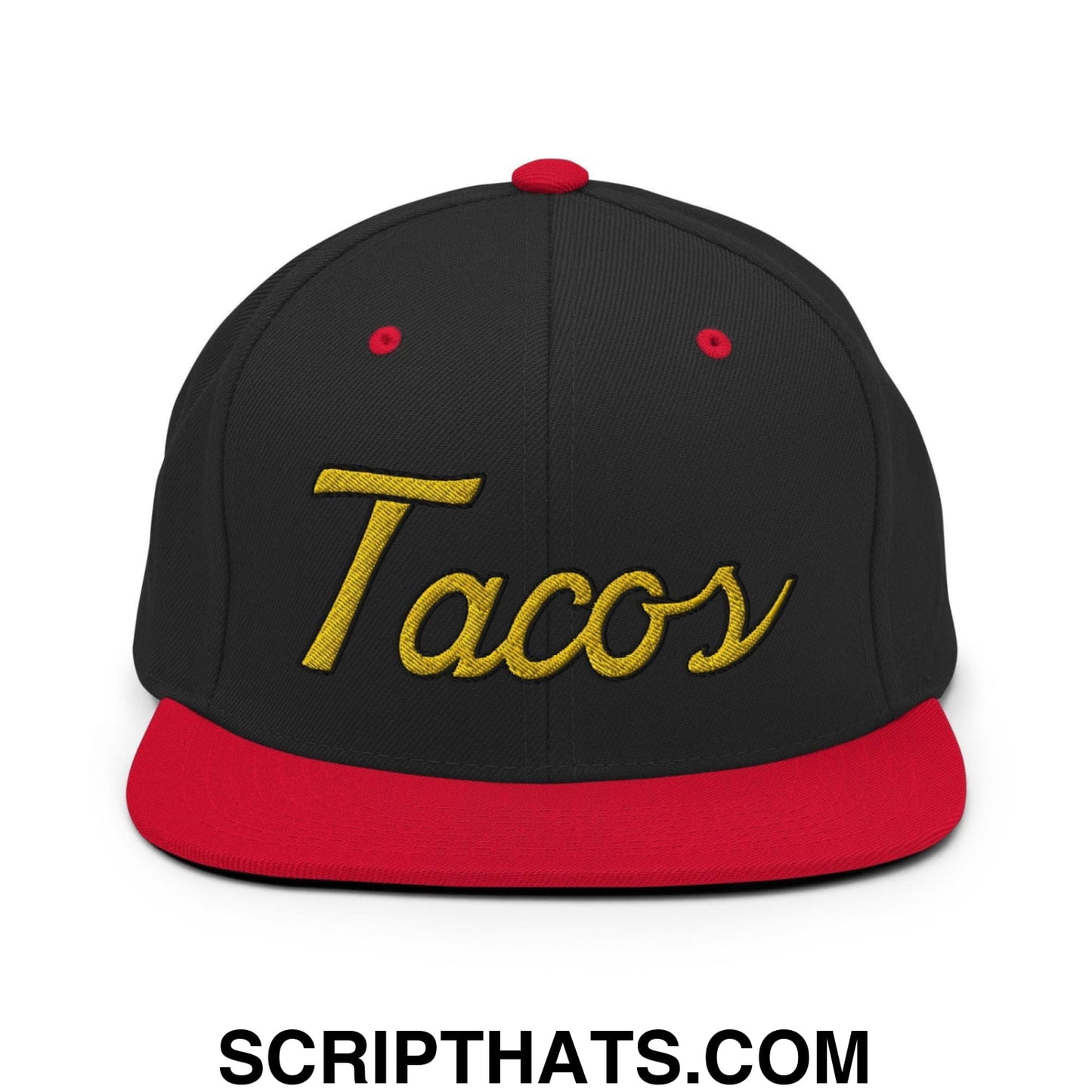 Tacos Vintage Sports Script Snapback Hat Black Red