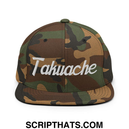 Takuache II Vintage Sports Script Snapback Hat Green Camo