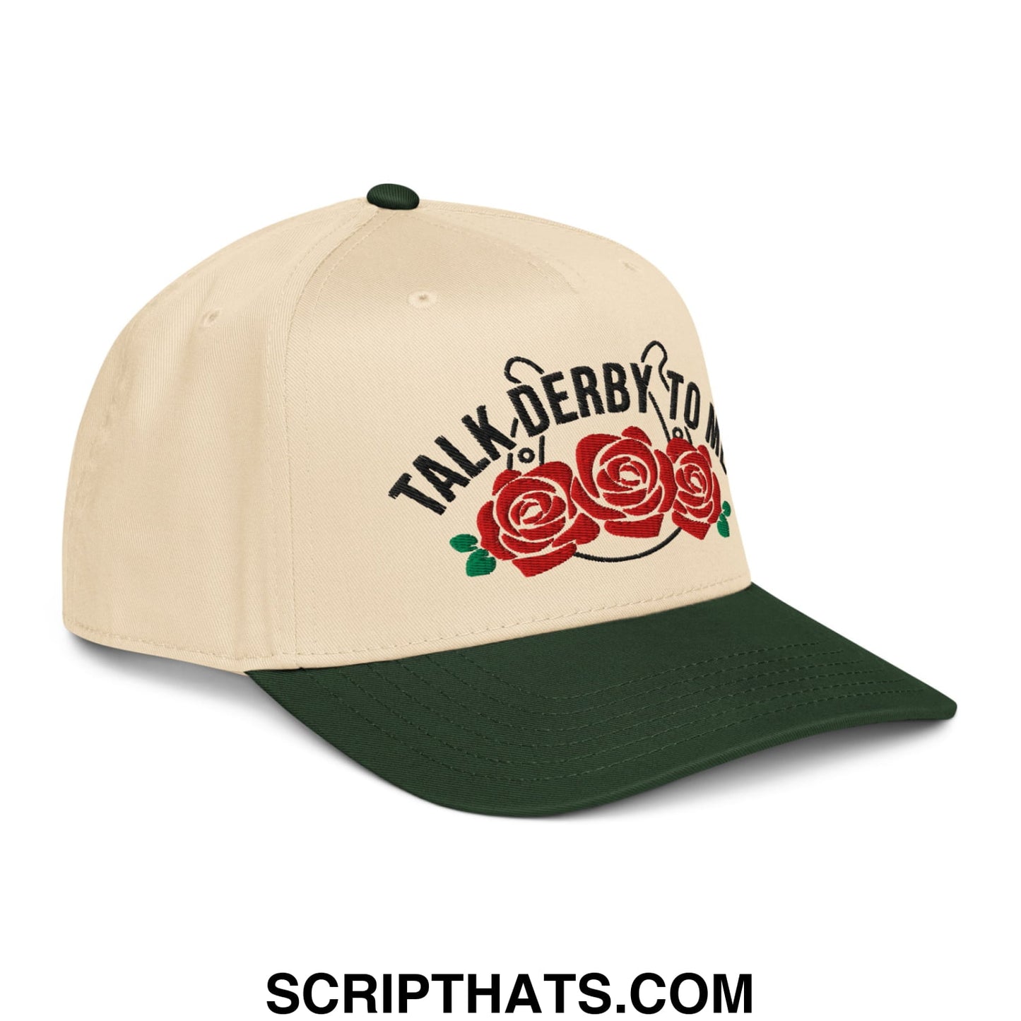 Talk Derby to Me Embroidered Baseball Snapback Hat Dark Green Natural