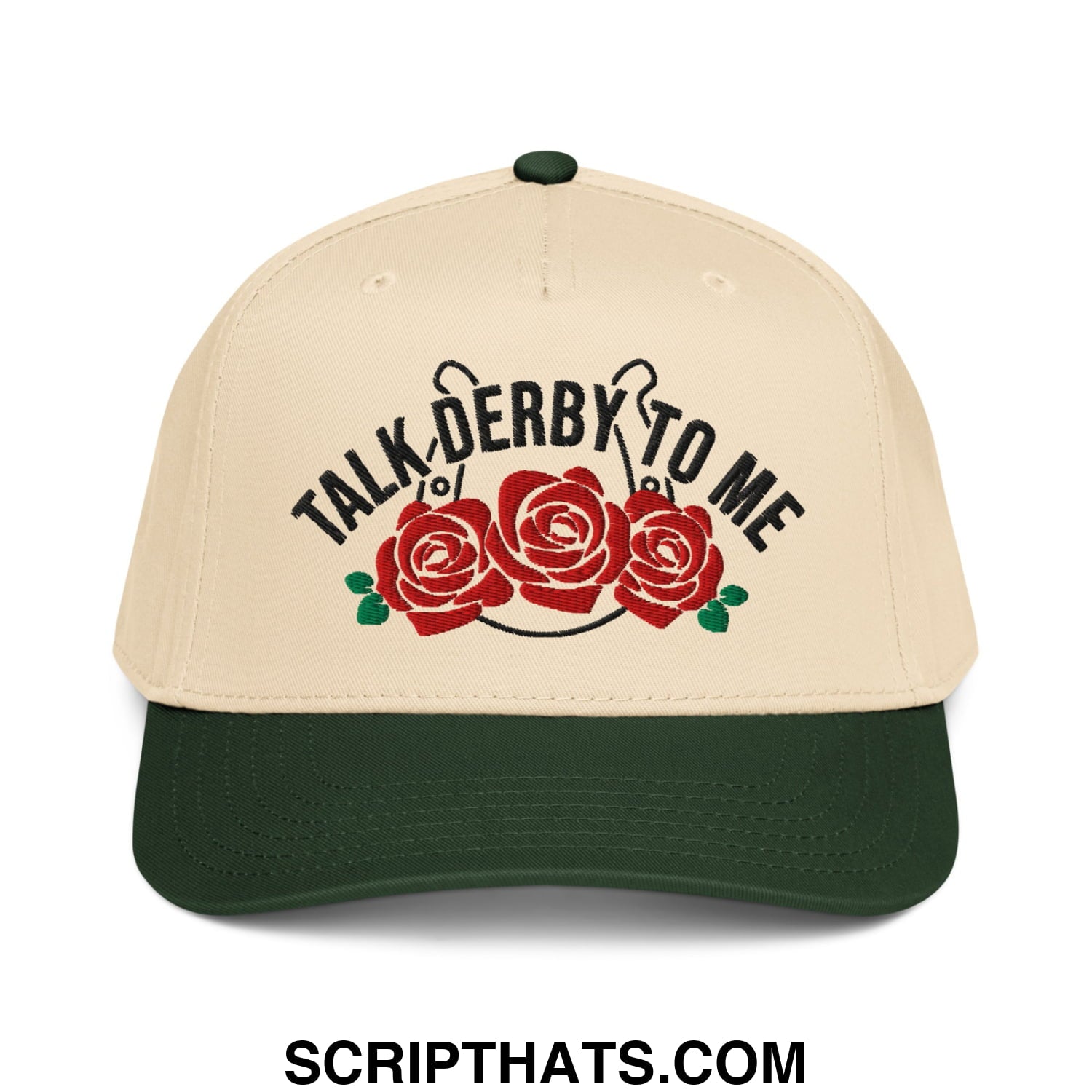 Talk Derby to Me Embroidered Baseball Snapback Hat Dark Green Natural