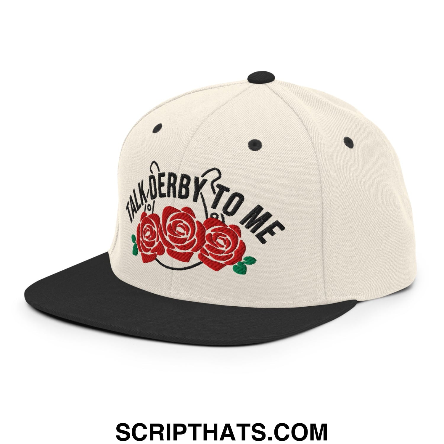 Talk Derby to Me Embroidered Flat Bill Brim Snapback Hat Natural Black
