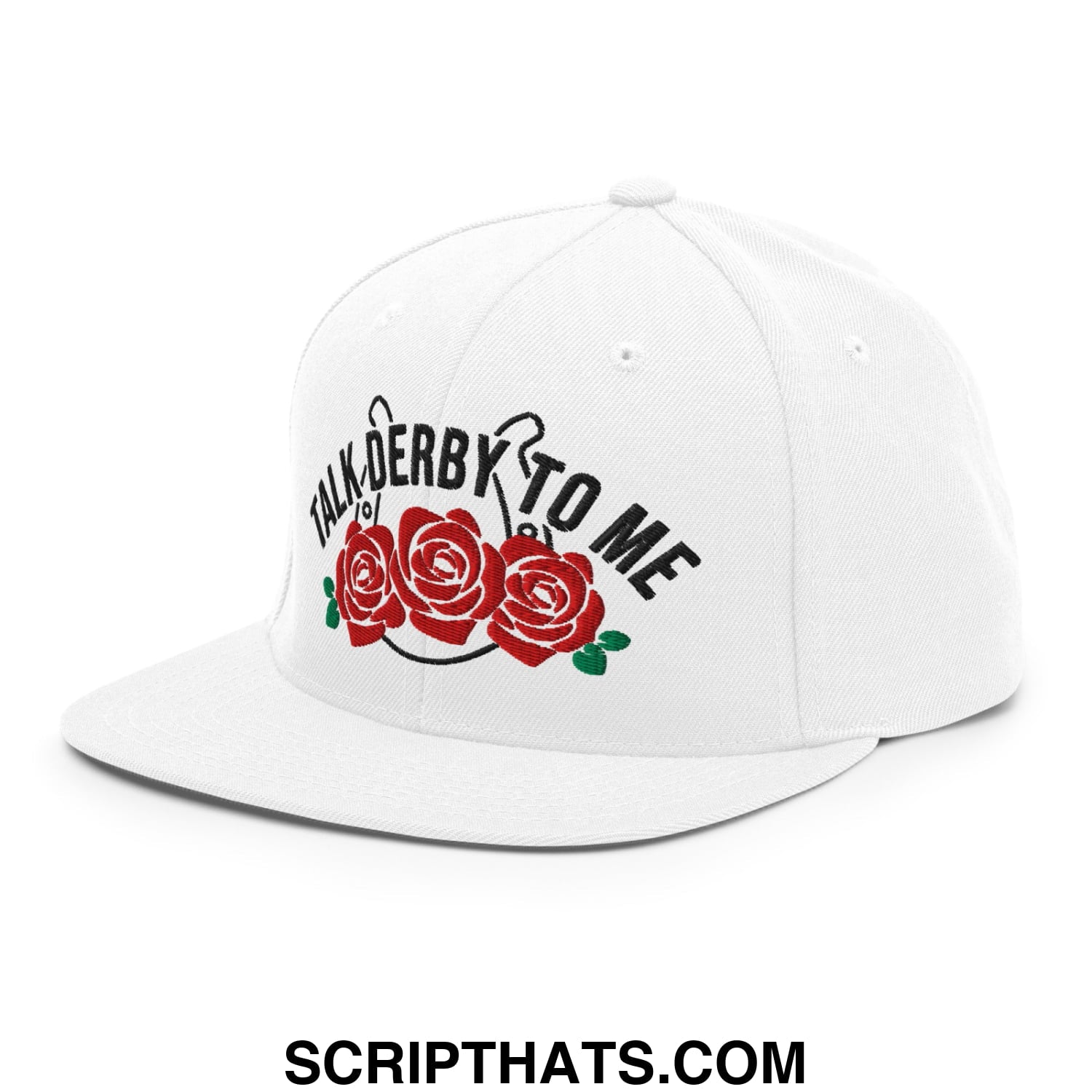 Talk Derby to Me Embroidered Flat Bill Brim Snapback Hat White