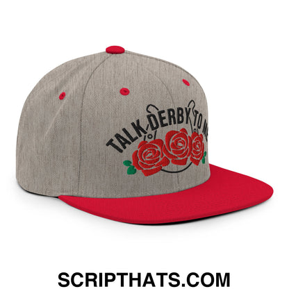 Talk Derby to Me Embroidered Flat Bill Brim Snapback Hat Heather Grey Red