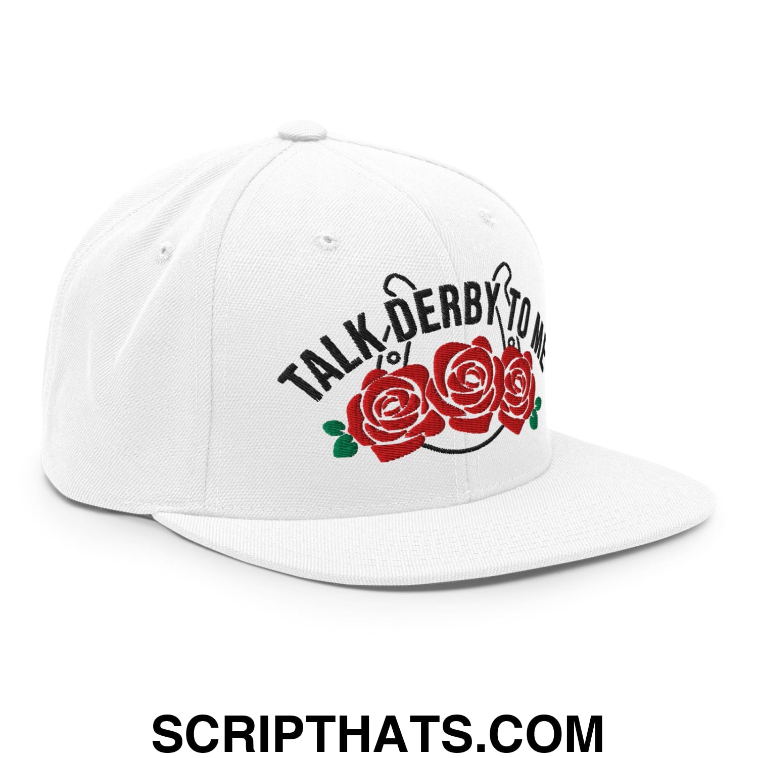 Talk Derby to Me Embroidered Flat Bill Brim Snapback Hat White