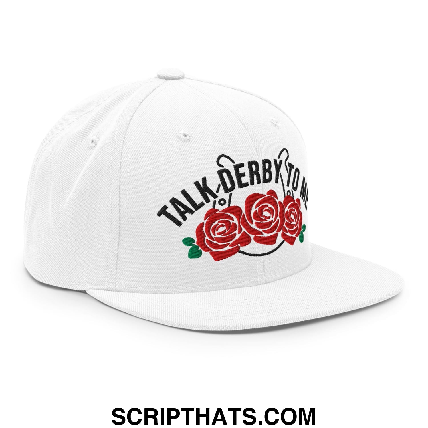 Talk Derby to Me Embroidered Flat Bill Brim Snapback Hat White