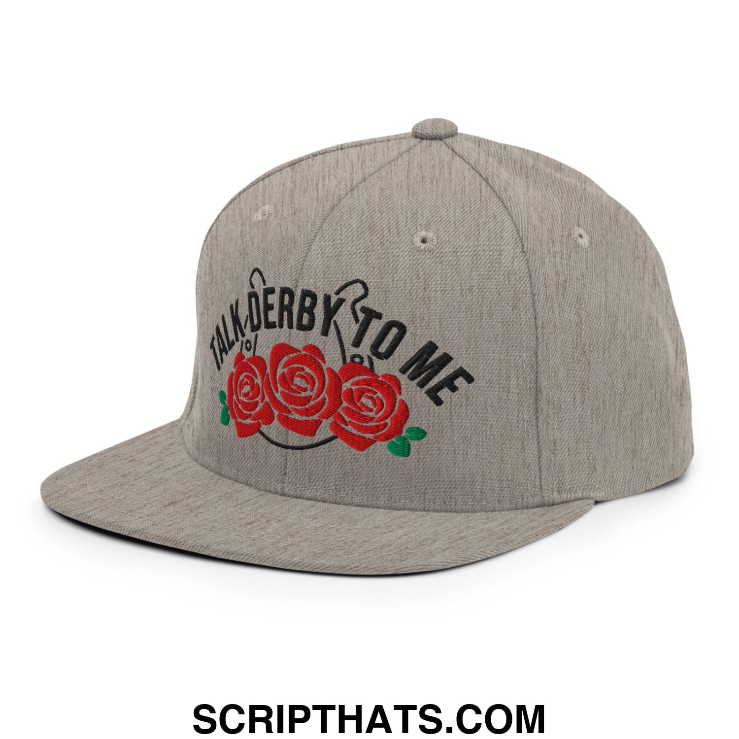 Talk Derby to Me Embroidered Flat Bill Brim Snapback Hat Heather Grey