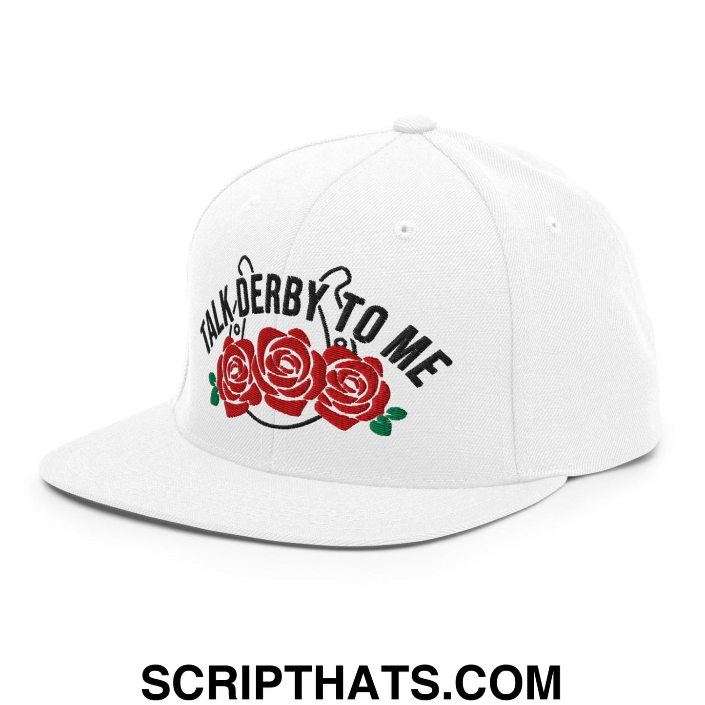 Talk Derby to Me Embroidered Flat Bill Brim Snapback Hat White