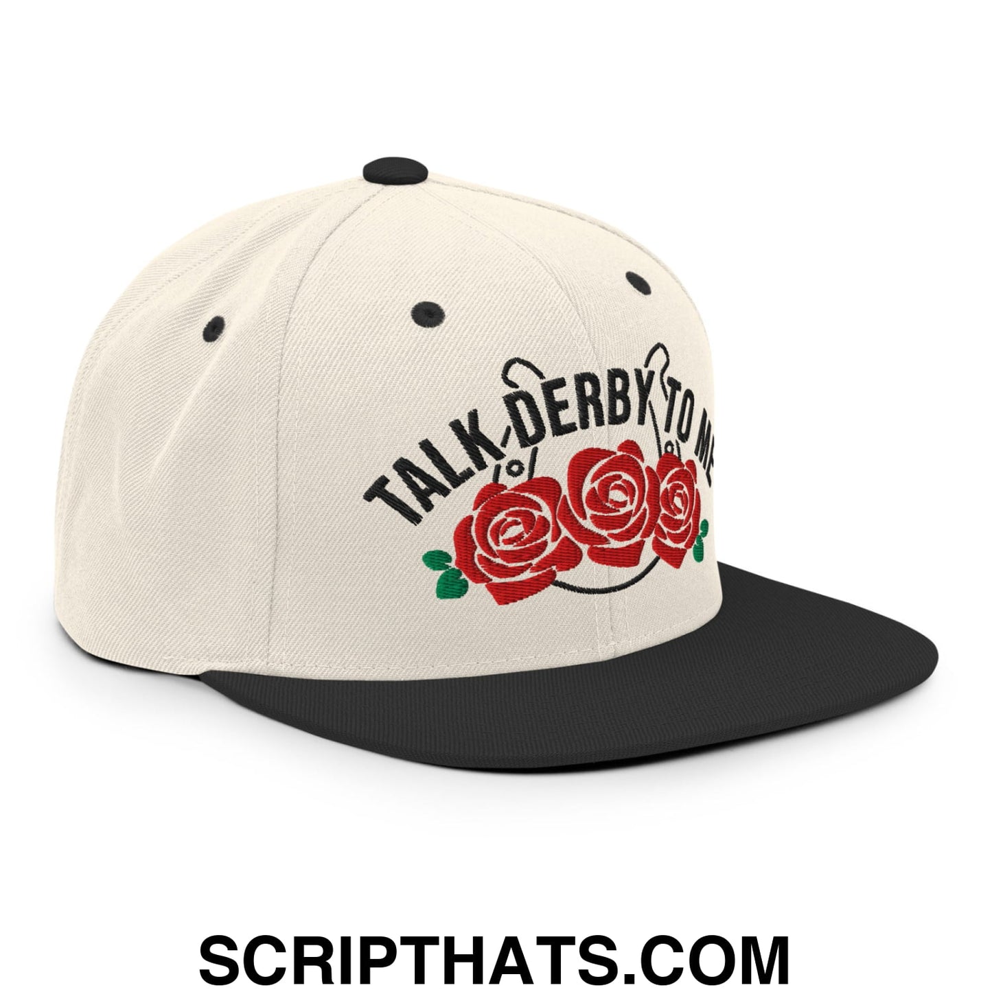 Talk Derby to Me Embroidered Flat Bill Brim Snapback Hat Natural Black