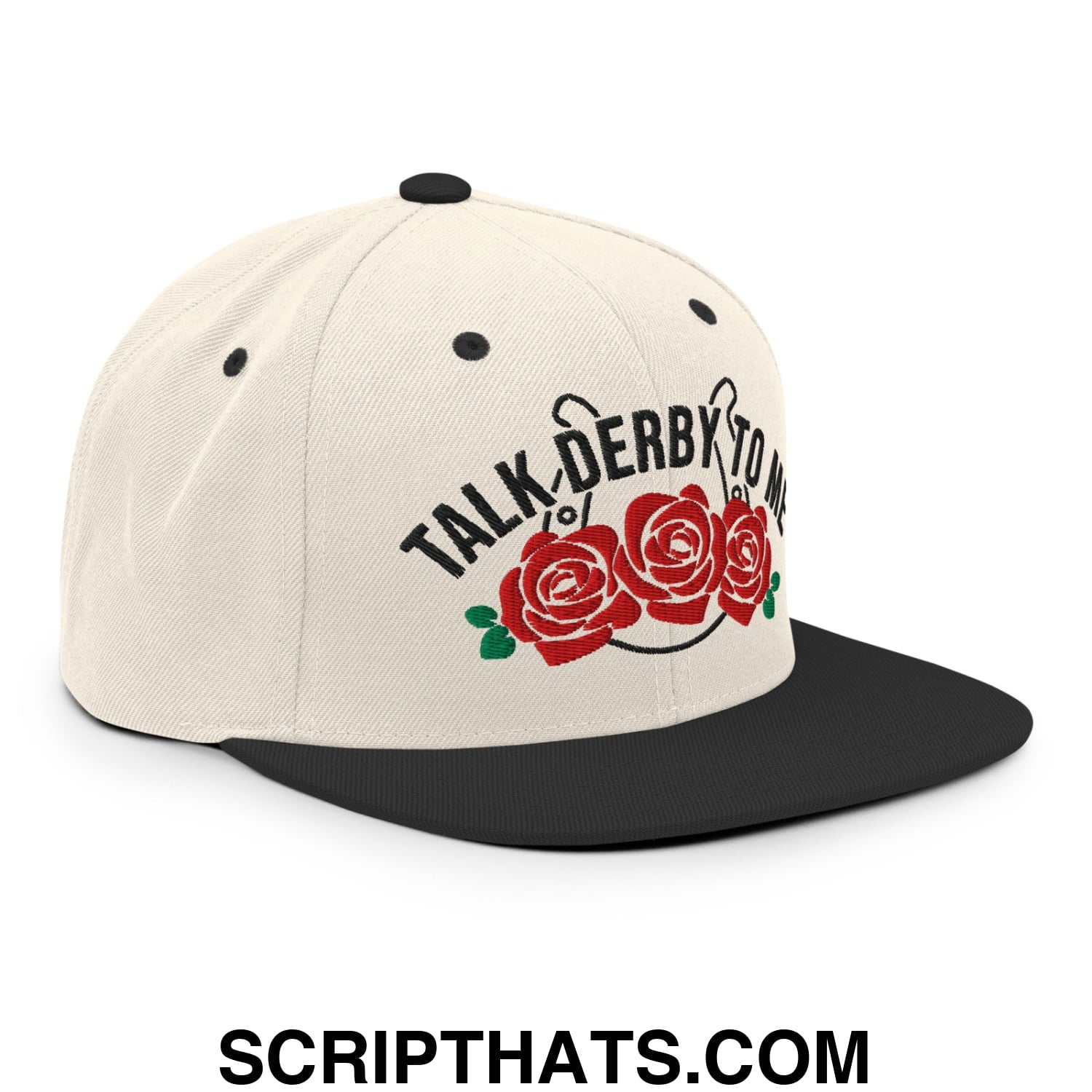 Talk Derby to Me Embroidered Flat Bill Brim Snapback Hat Natural Black