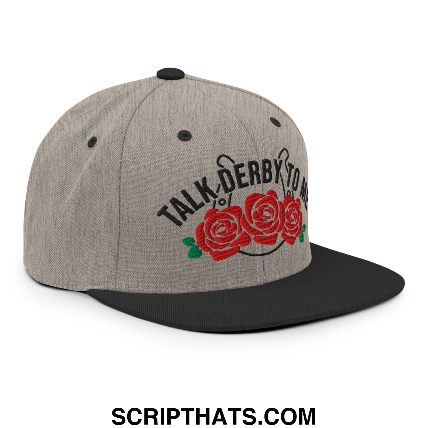 Talk Derby to Me Embroidered Flat Bill Brim Snapback Hat Heather Black
