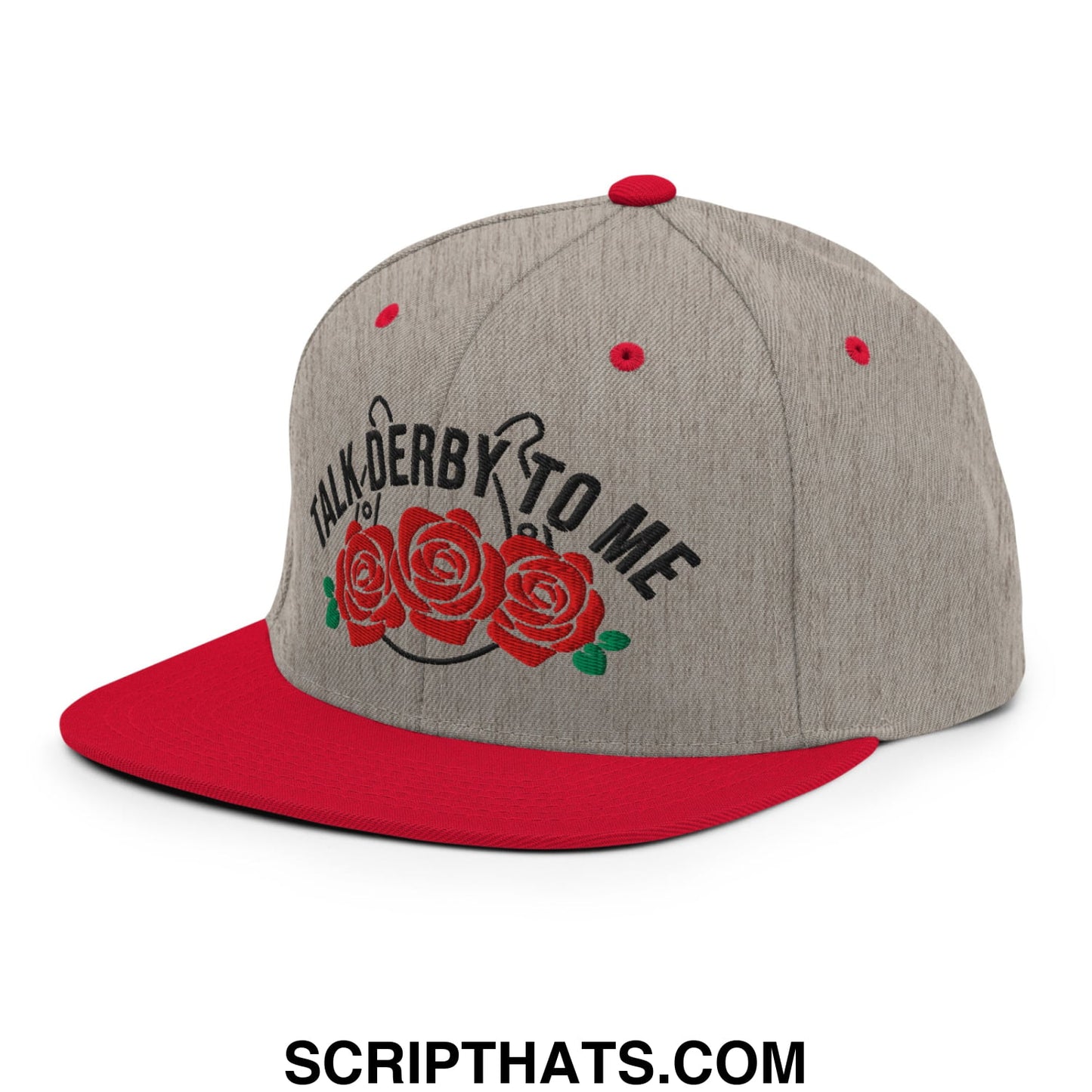Talk Derby to Me Embroidered Flat Bill Brim Snapback Hat Heather Grey Red