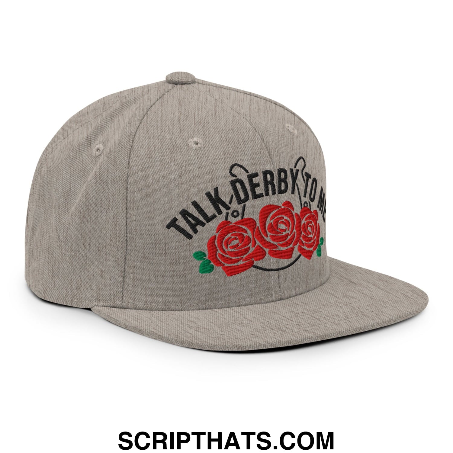 Talk Derby to Me Embroidered Flat Bill Brim Snapback Hat Heather Grey