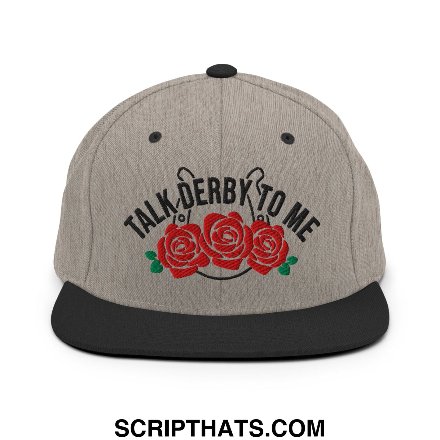 Talk Derby to Me Embroidered Flat Bill Brim Snapback Hat Heather Black