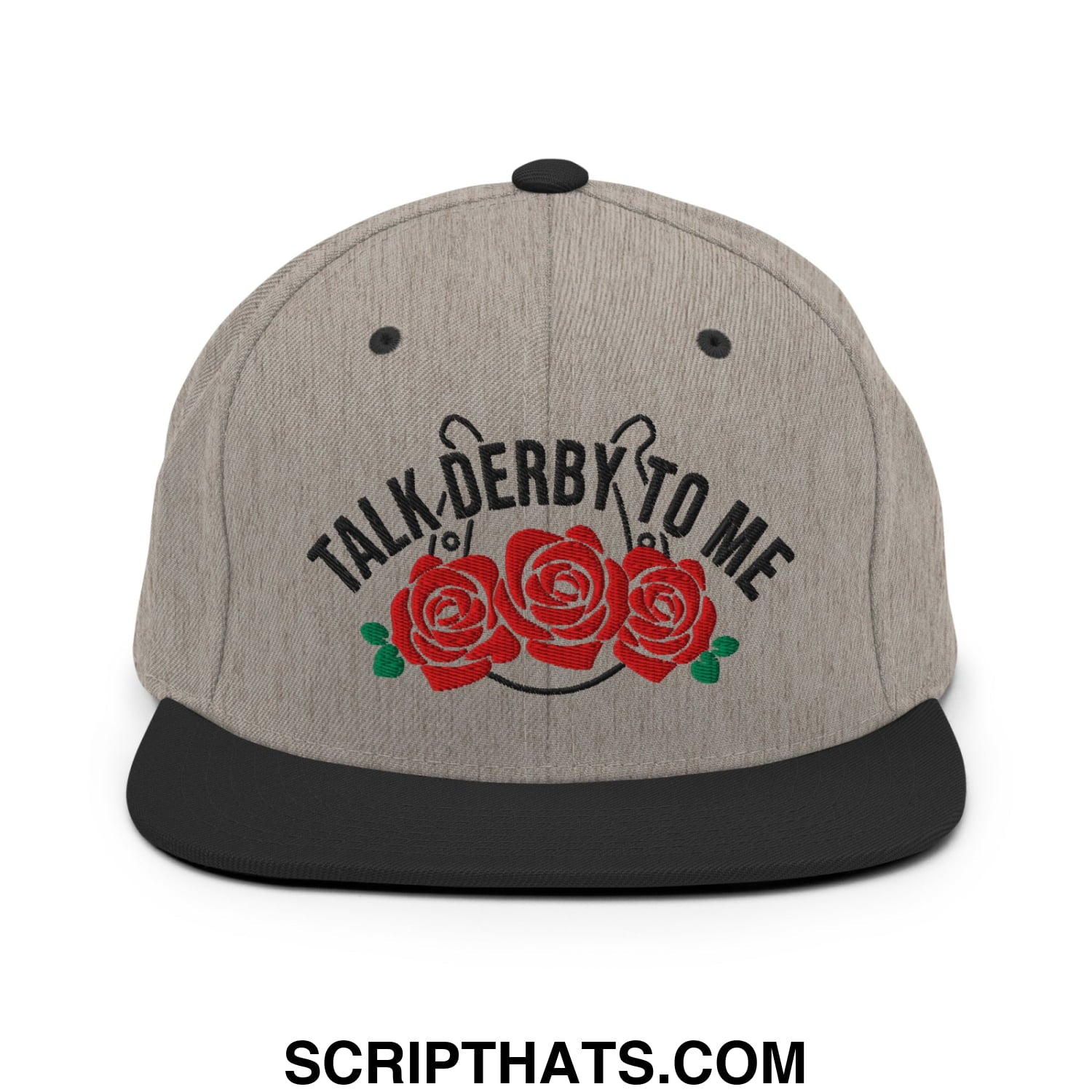 Talk Derby to Me Embroidered Flat Bill Brim Snapback Hat Heather Black