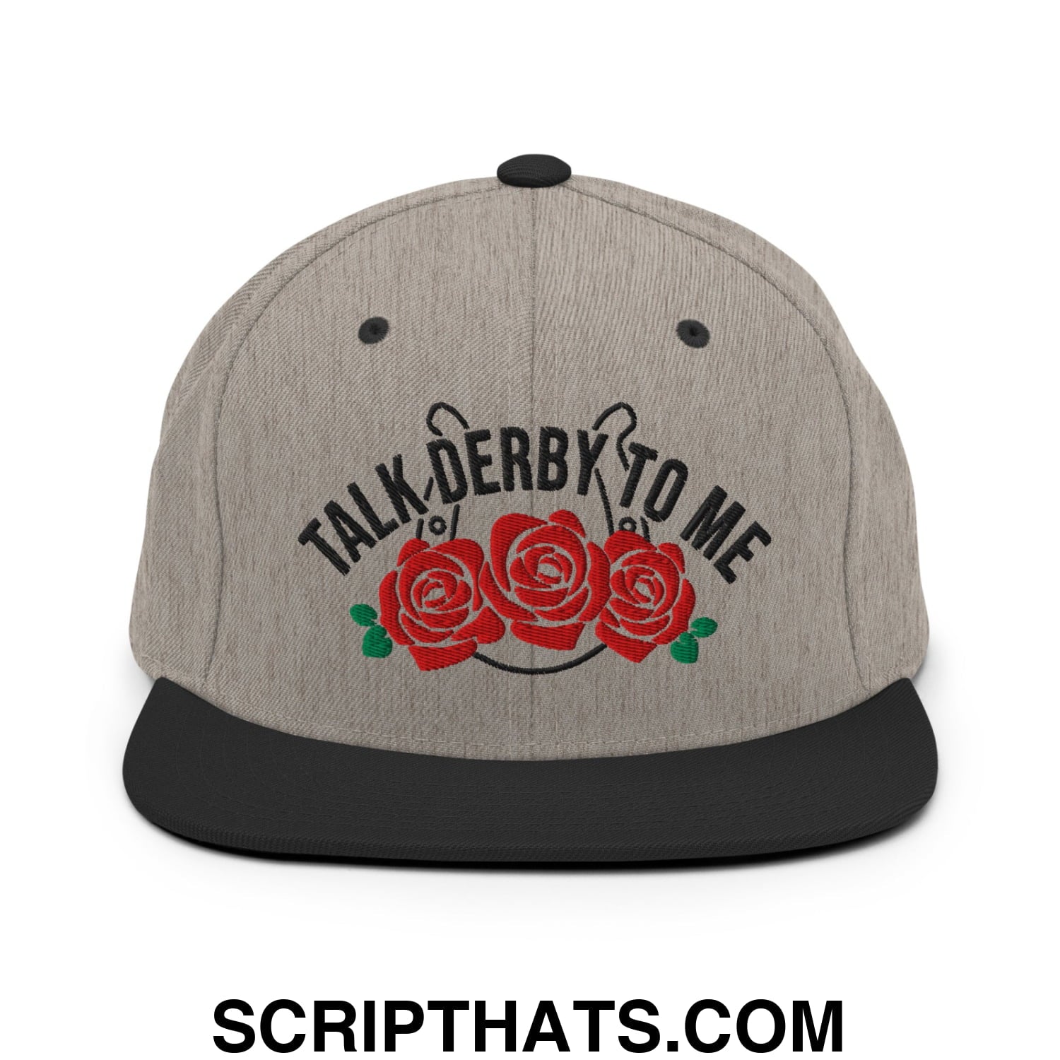 Talk Derby to Me Embroidered Flat Bill Brim Snapback Hat Heather Black