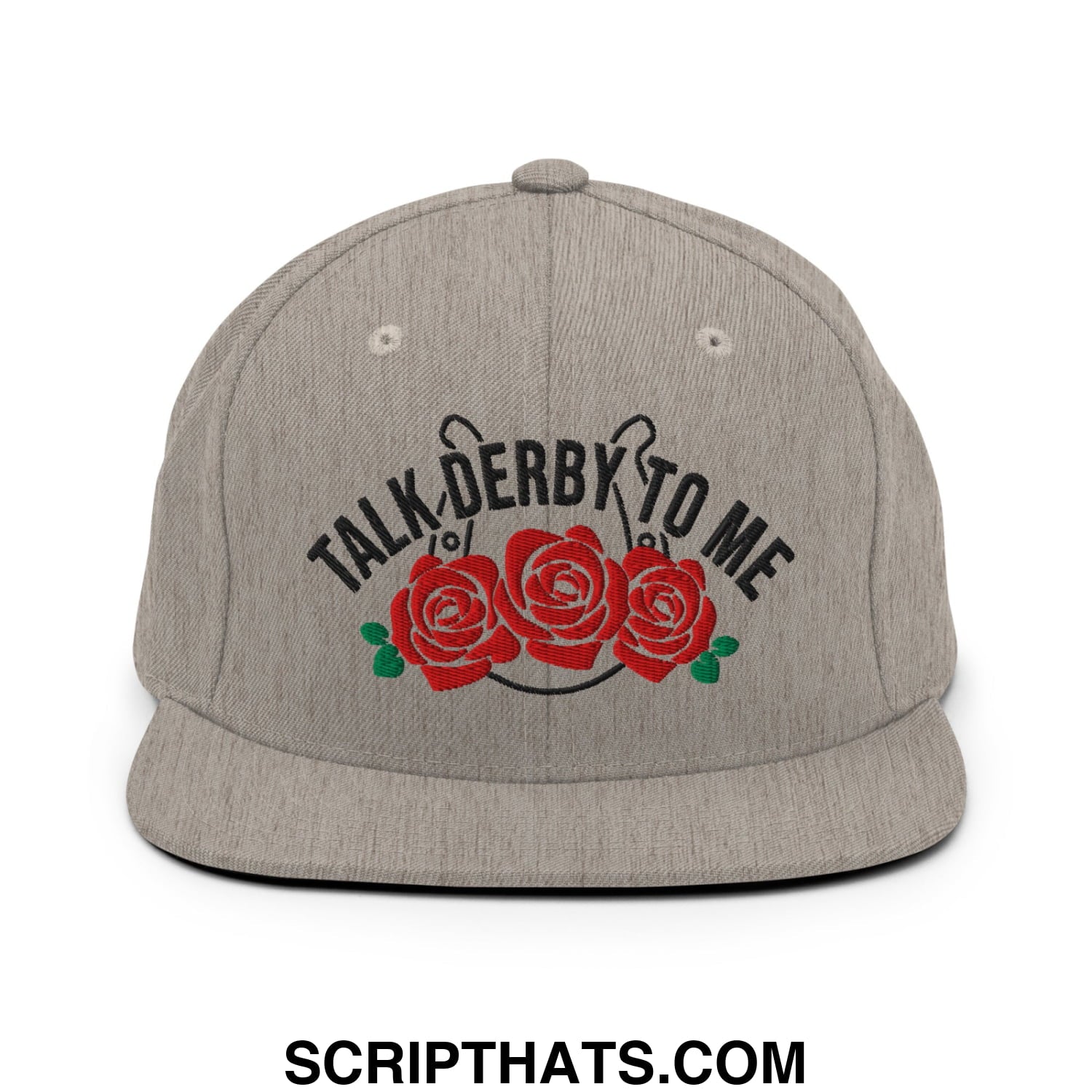Talk Derby to Me Embroidered Flat Bill Brim Snapback Hat Heather Grey