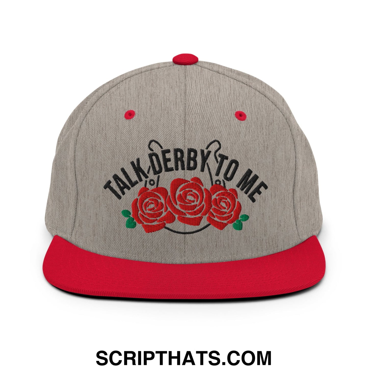 Talk Derby to Me Embroidered Flat Bill Brim Snapback Hat Heather Grey Red