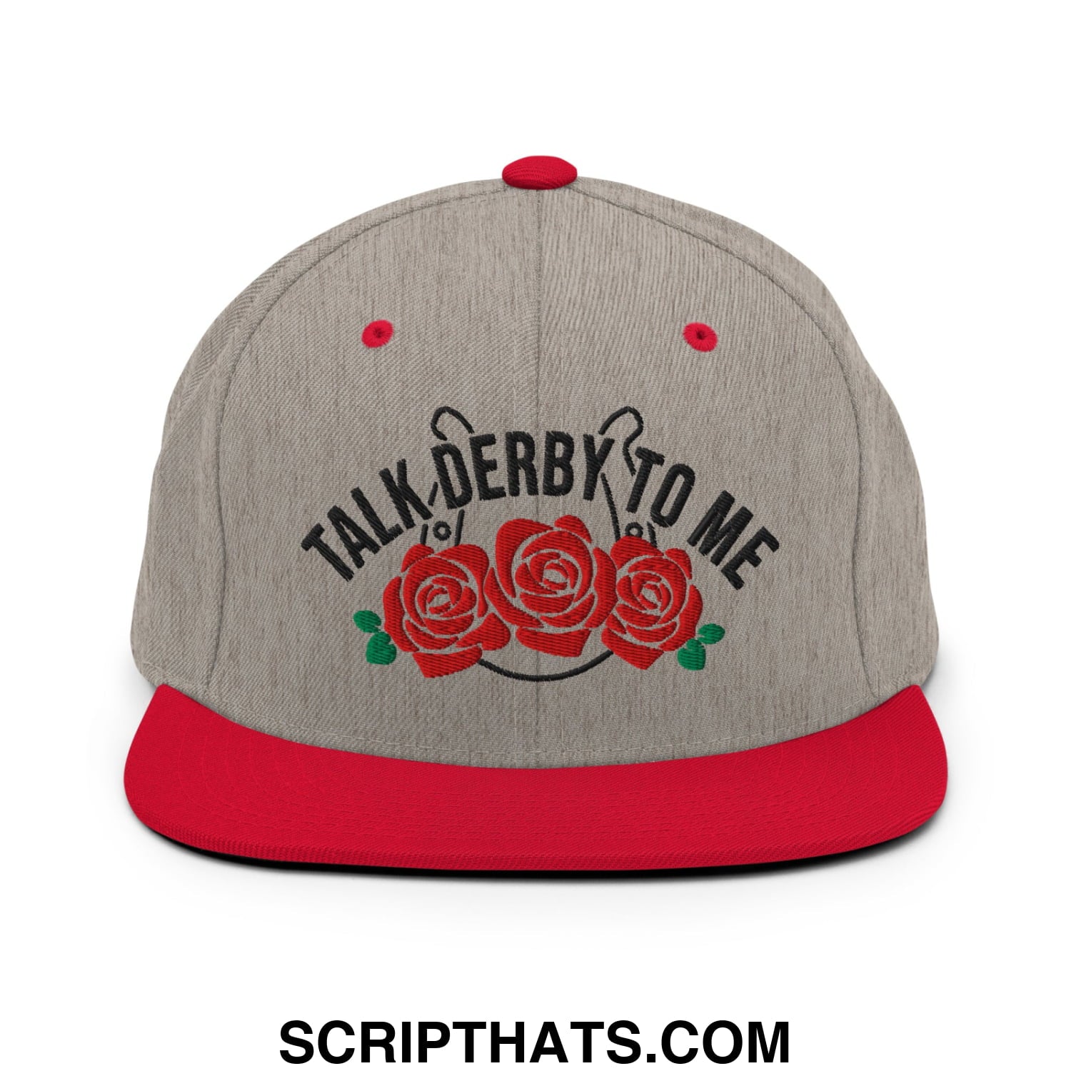Talk Derby to Me Embroidered Flat Bill Brim Snapback Hat Heather Grey Red
