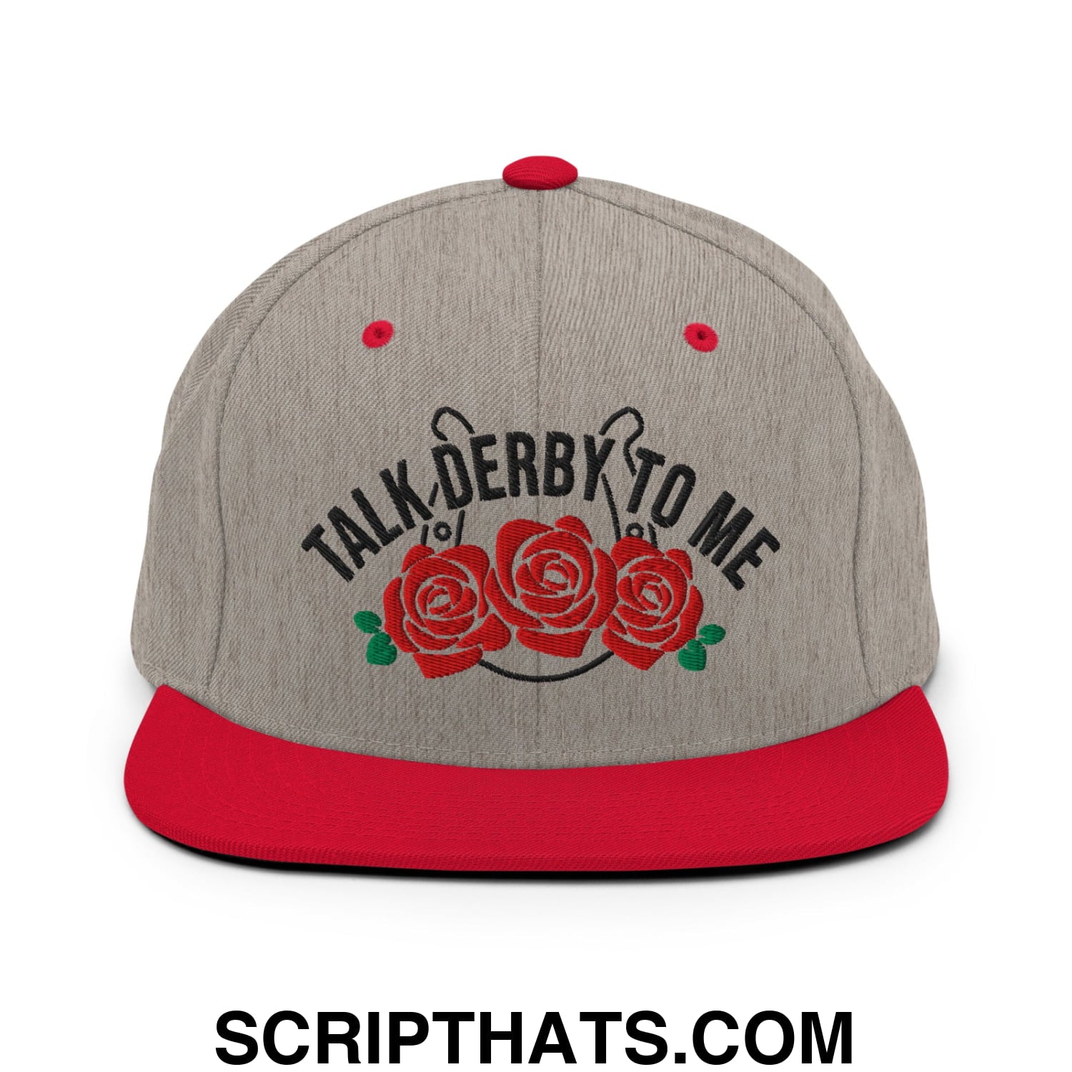 Talk Derby to Me Embroidered Flat Bill Brim Snapback Hat Heather Grey Red