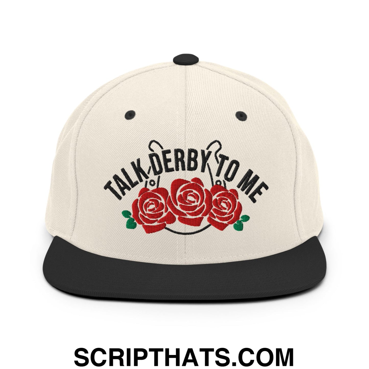 Talk Derby to Me Embroidered Flat Bill Brim Snapback Hat Natural Black