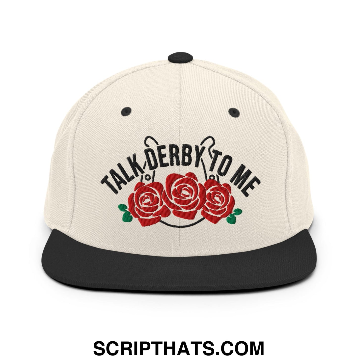 Talk Derby to Me Embroidered Flat Bill Brim Snapback Hat Natural Black